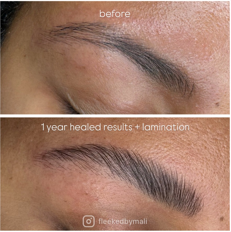 Healed powder brows showing soft shaded makeup-effect finish at Fleeked Beauty Fort Lauderdale