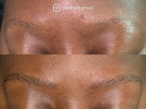 Nano brows results showing precise individual hair strokes on melanin-rich skin at Fleeked Beauty