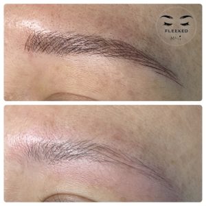 Before and after microblading results showing natural hair strokes at Fleeked Beauty Fort Lauderdale