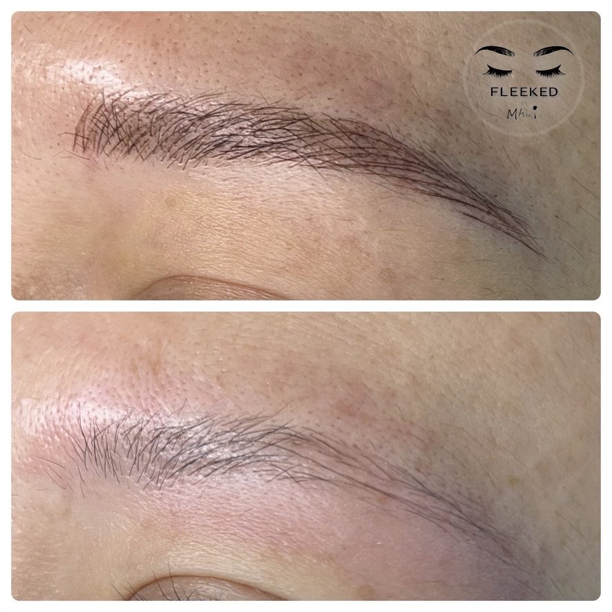 Healed microblading results showing individual hair strokes at Fleeked Beauty in Fort Lauderdale